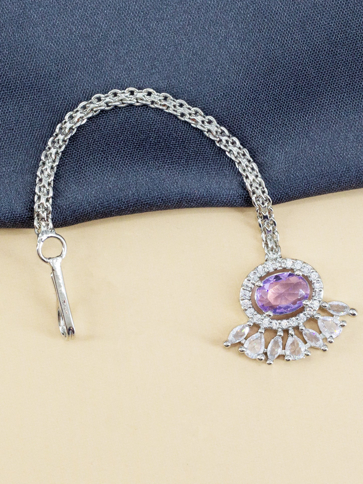 Silver Plated Purple AD Maang Tikka for Women