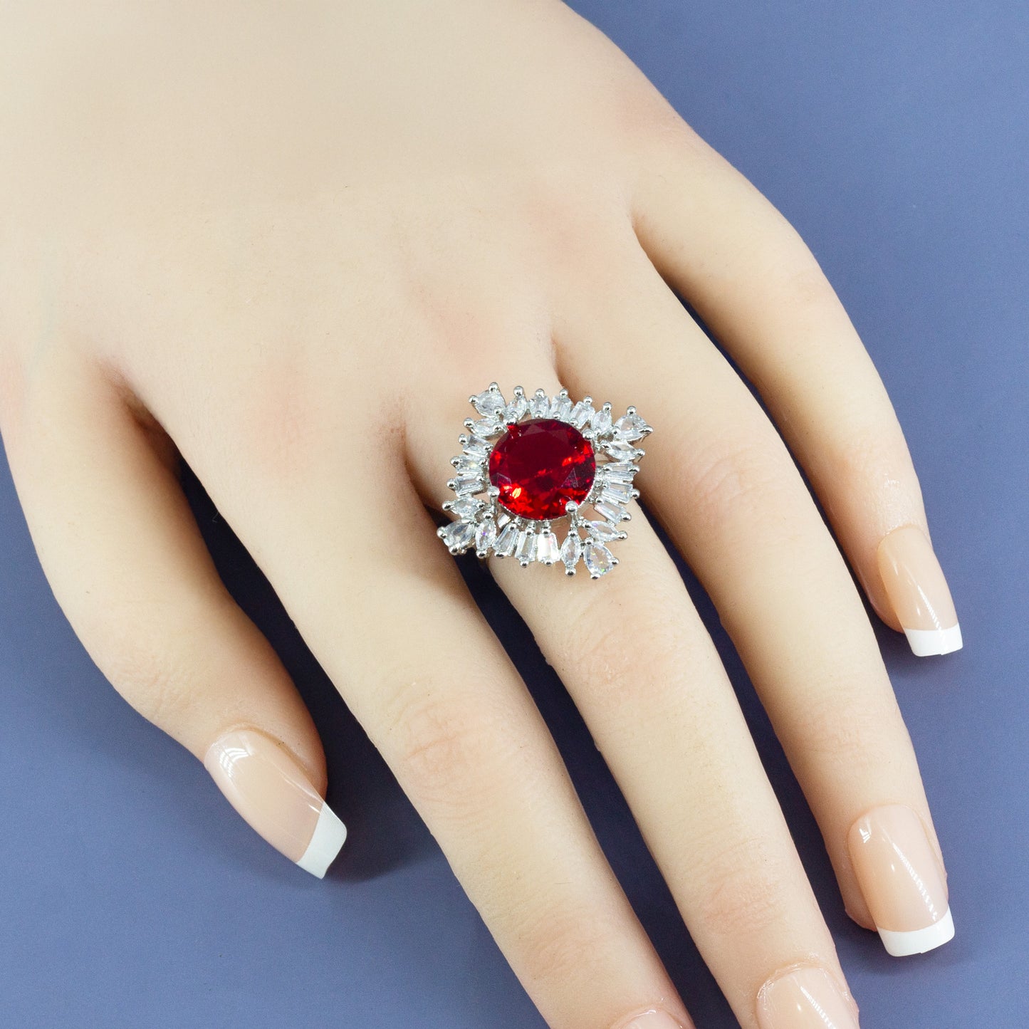 Rhodium Plated Red AD Finger Ring for Women