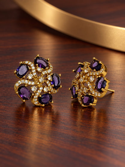 South Indian Gold Plated Purple AD Floral Stud Earrings for Women