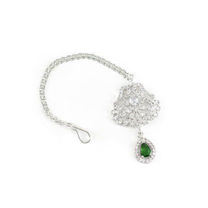 Silver Plated Green AD Maang Tikka for Women