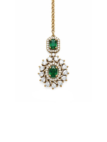 Antique Gold Plated Green AD Maang Tikka for Women