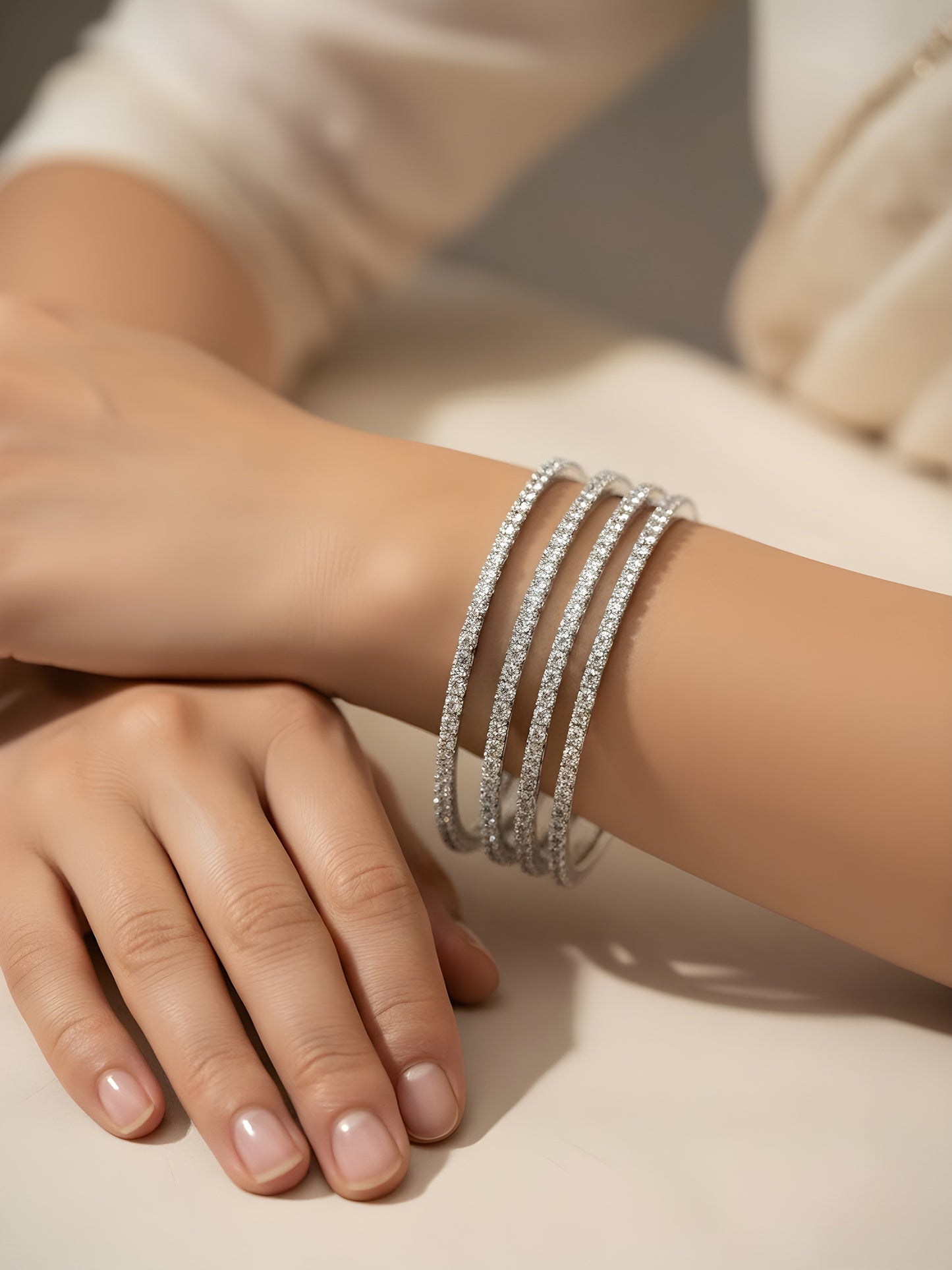 Set of 4 Silver Plated American Diamond Minimal Bangle Set for Women