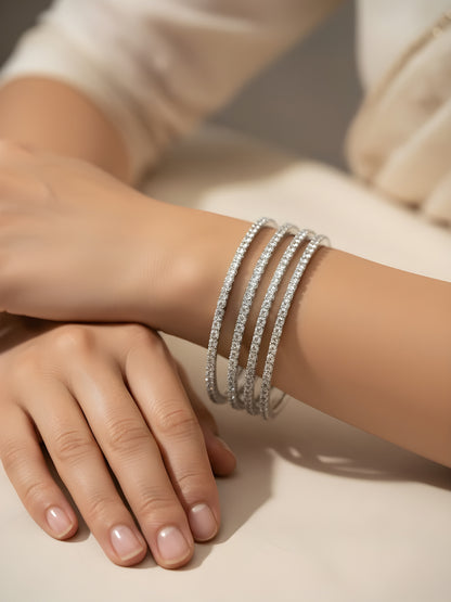 Set of 4 Silver Plated American Diamond Minimal Bangle Set for Women
