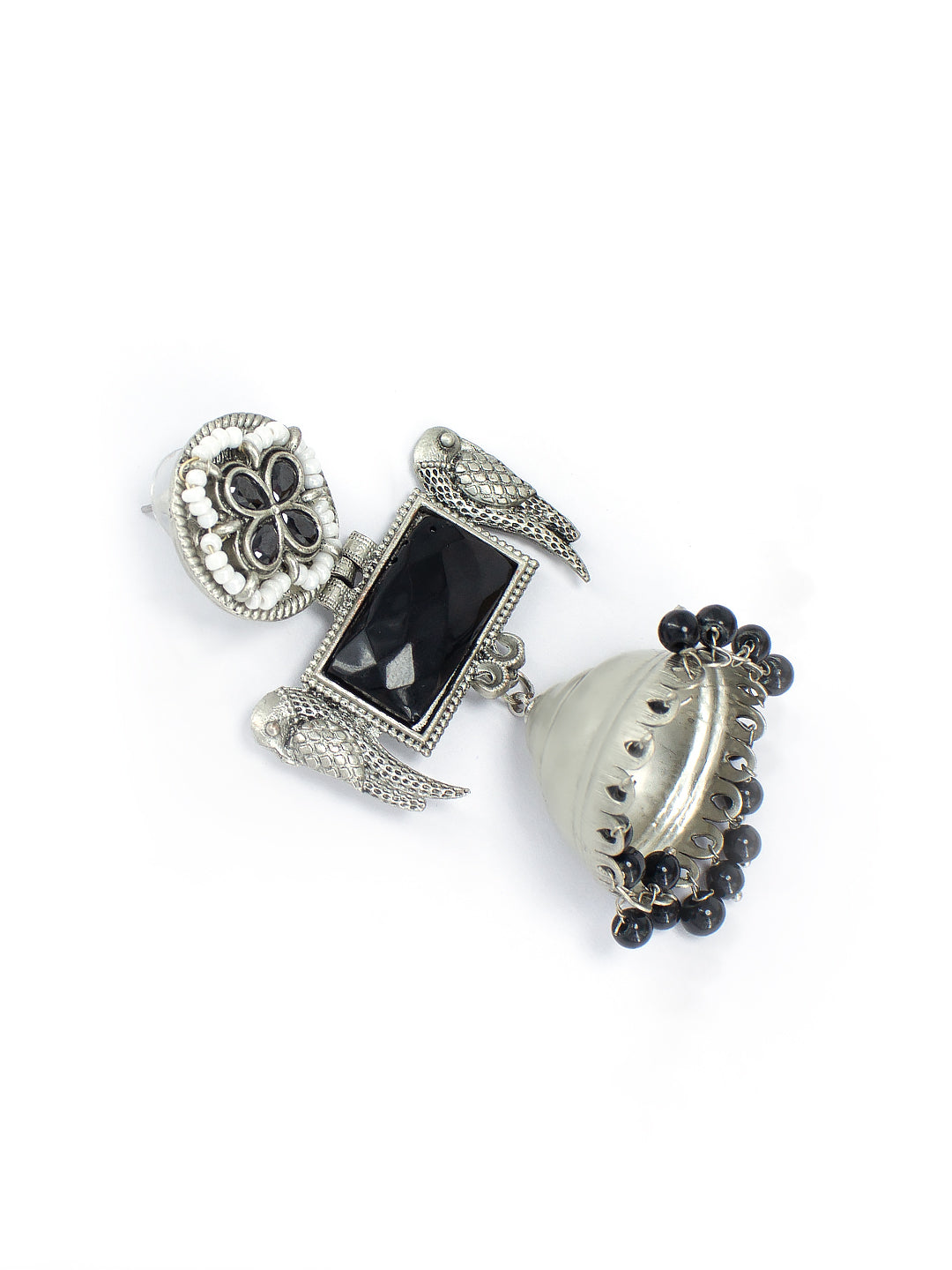 Black Floral Bird Monalisa Stone Jhumka Earrings