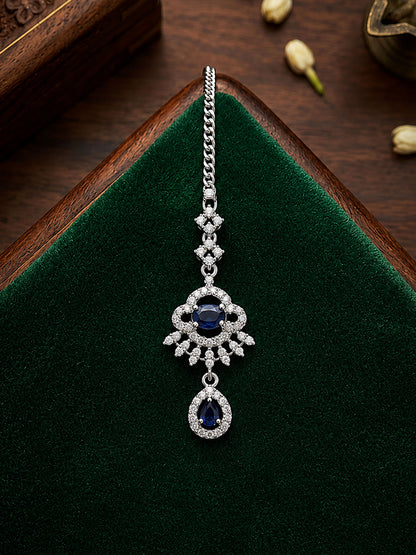 Silver Plated Blue AD Maang Tikka for Women