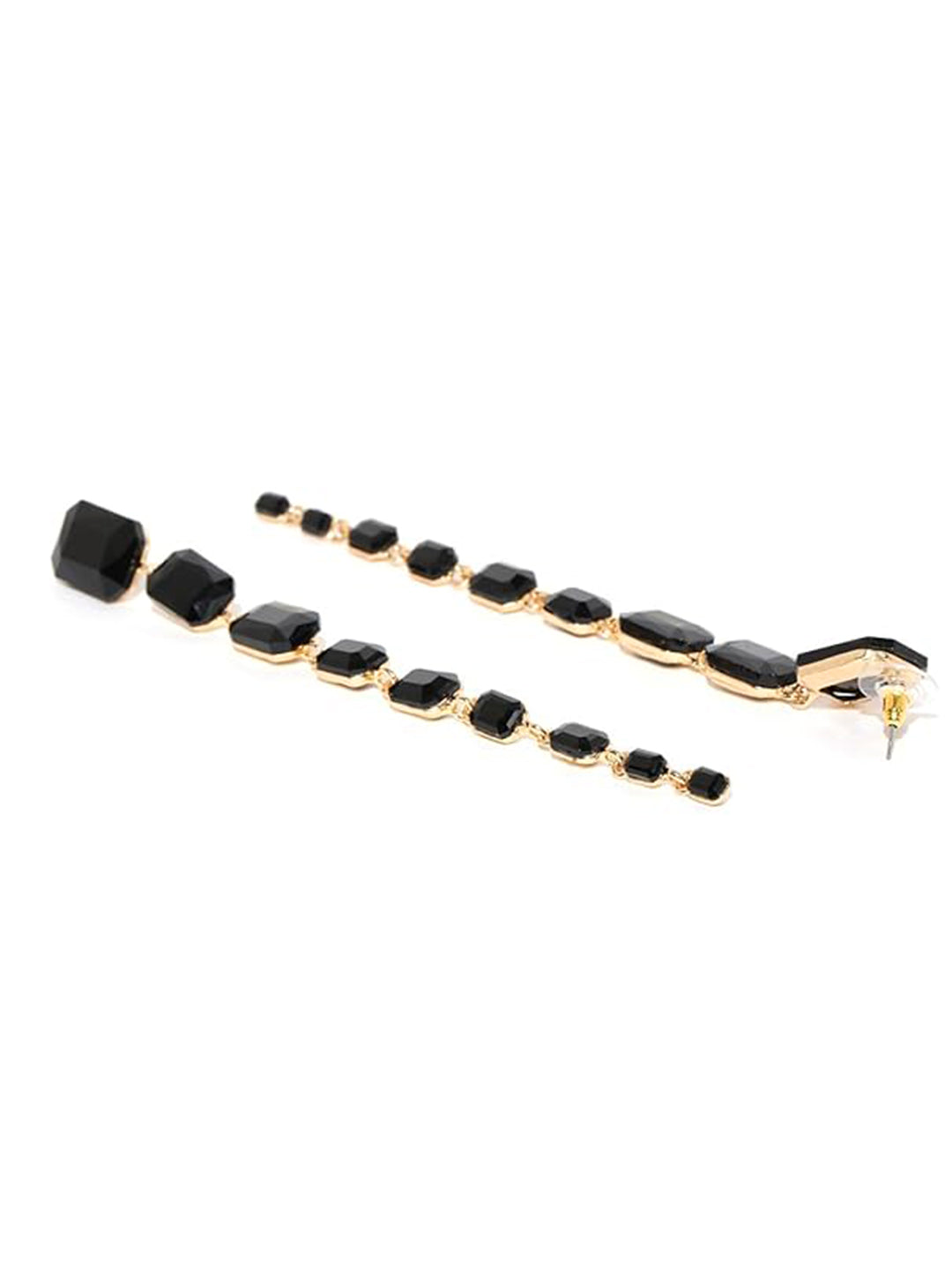 Gold Plated Black Crystal Stones Studded Long Drop Earrings