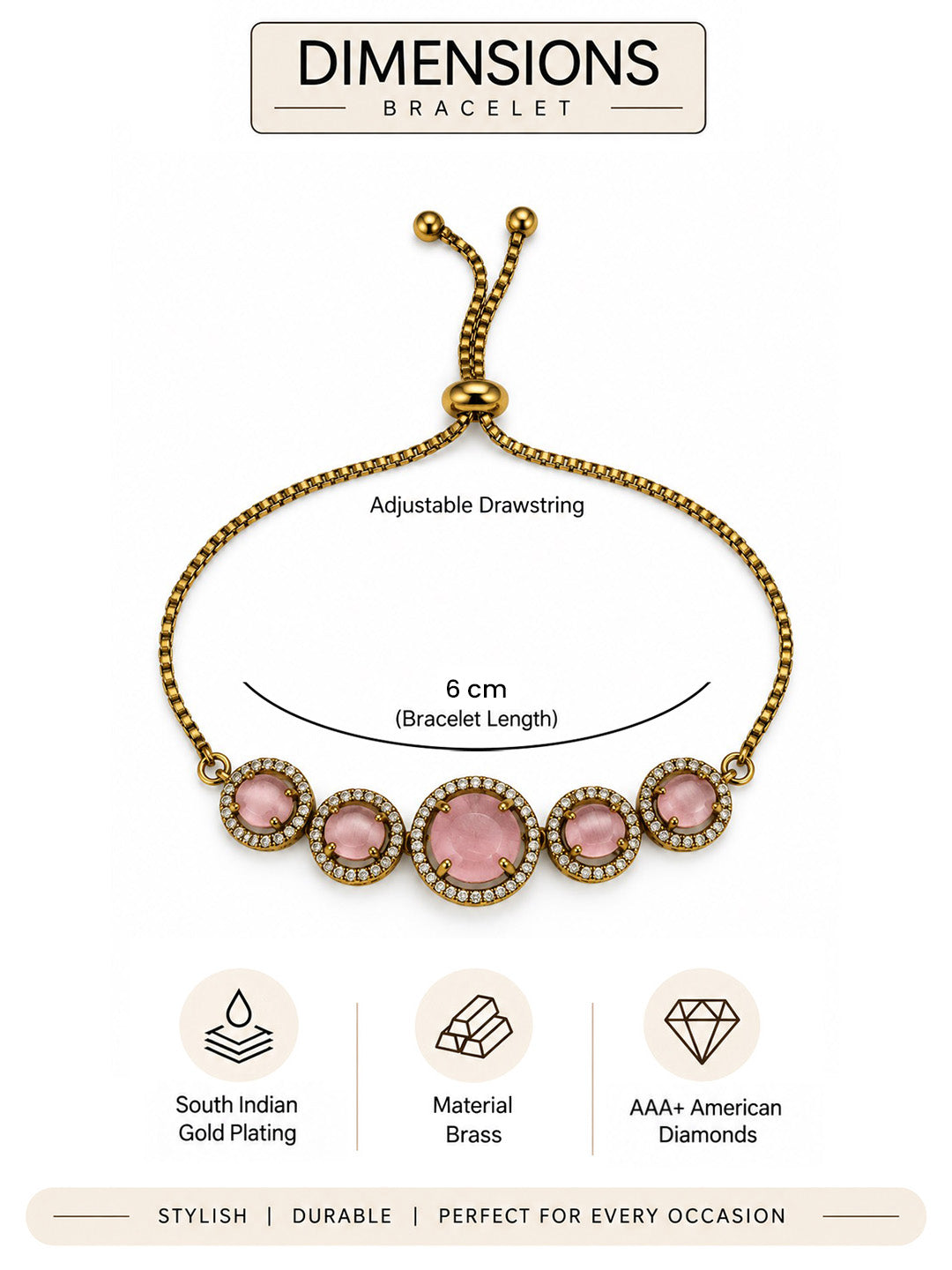 South Indian Gold Plated Pink AD Adjustable Bracelet for Women