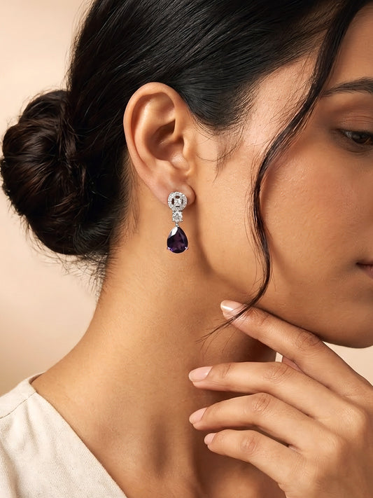 Silver Plated Purple AD Drop Earrings for Women