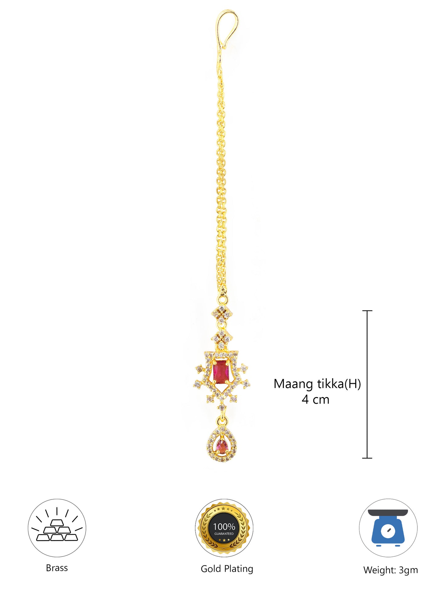 Gold Plated Red Drop AD Maang Tikka for Women