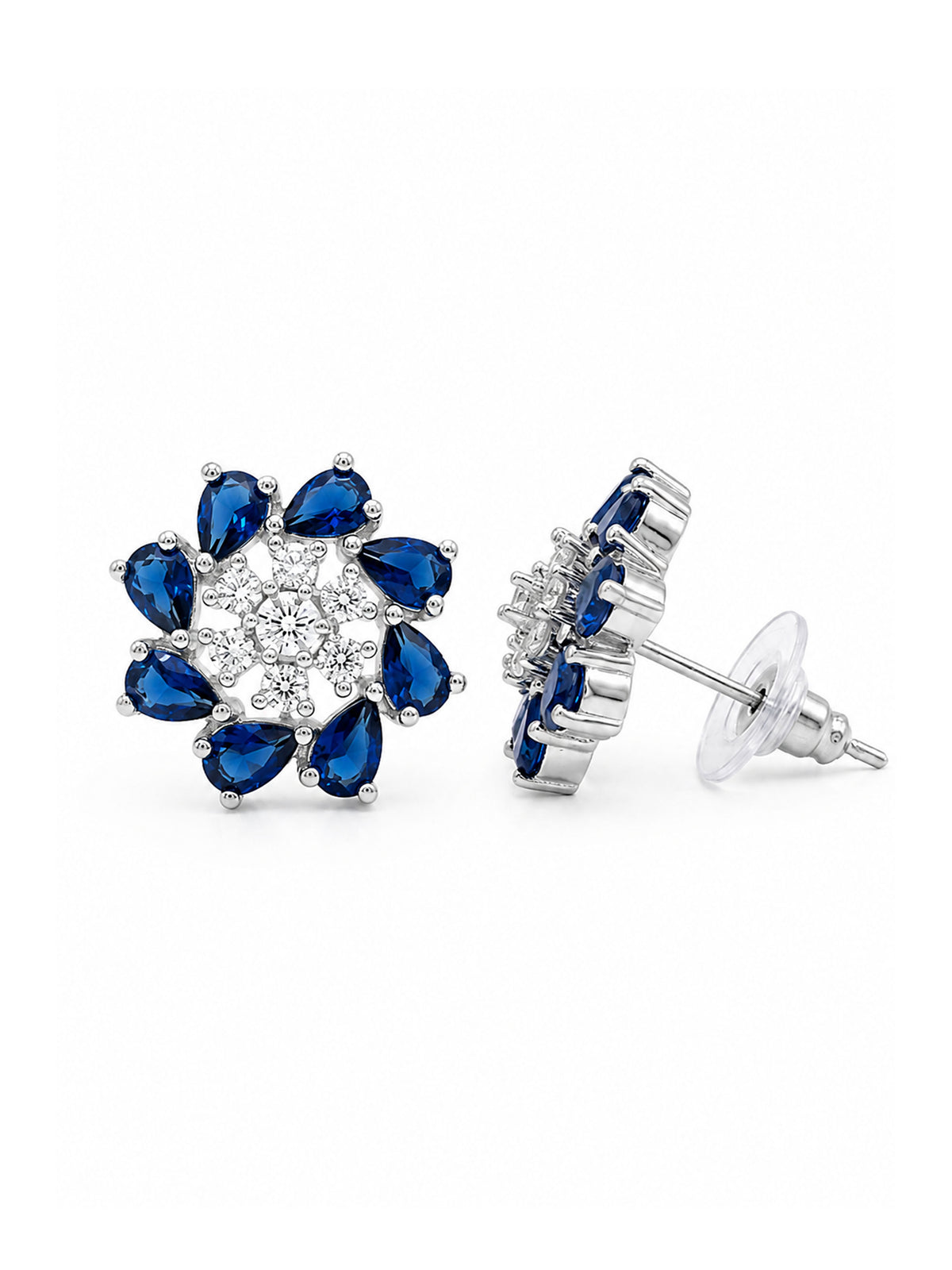 Silver Plated Blue Floral Stud Earrings for Women