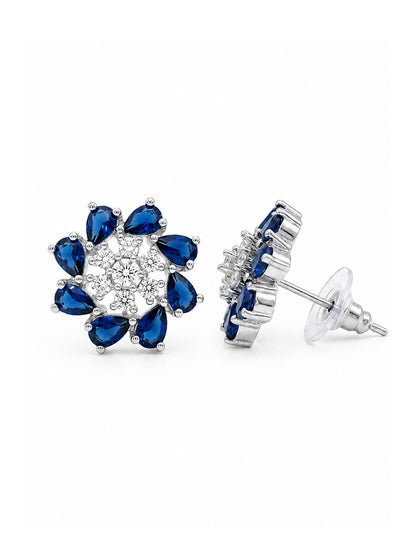 Silver Plated Blue Floral Stud Earrings for Women