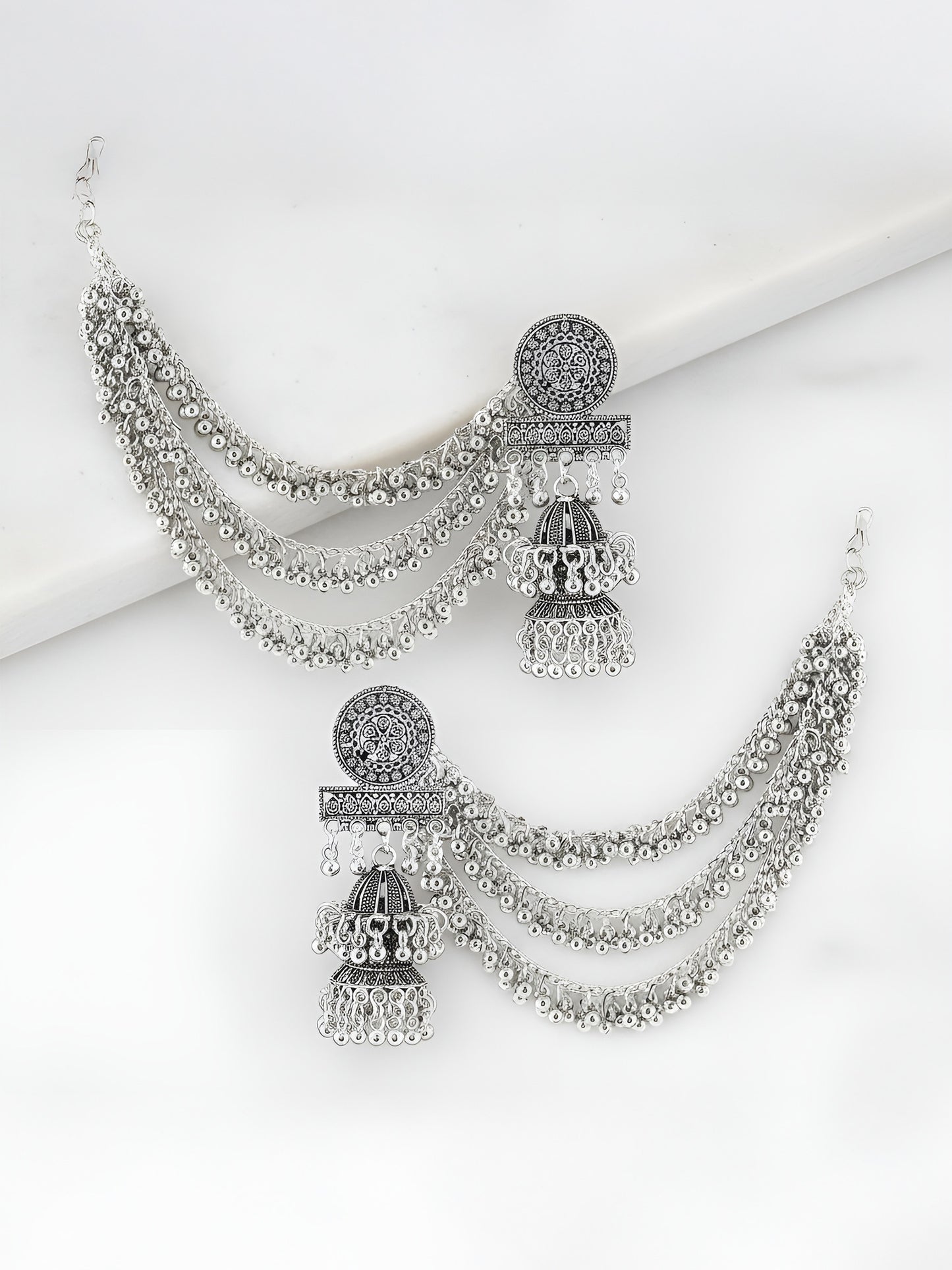 Silver Oxidised Double Jhumka Earrings with Ear Chain