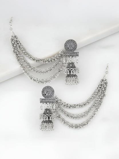 Silver Oxidised Double Jhumka Earrings with Ear Chain