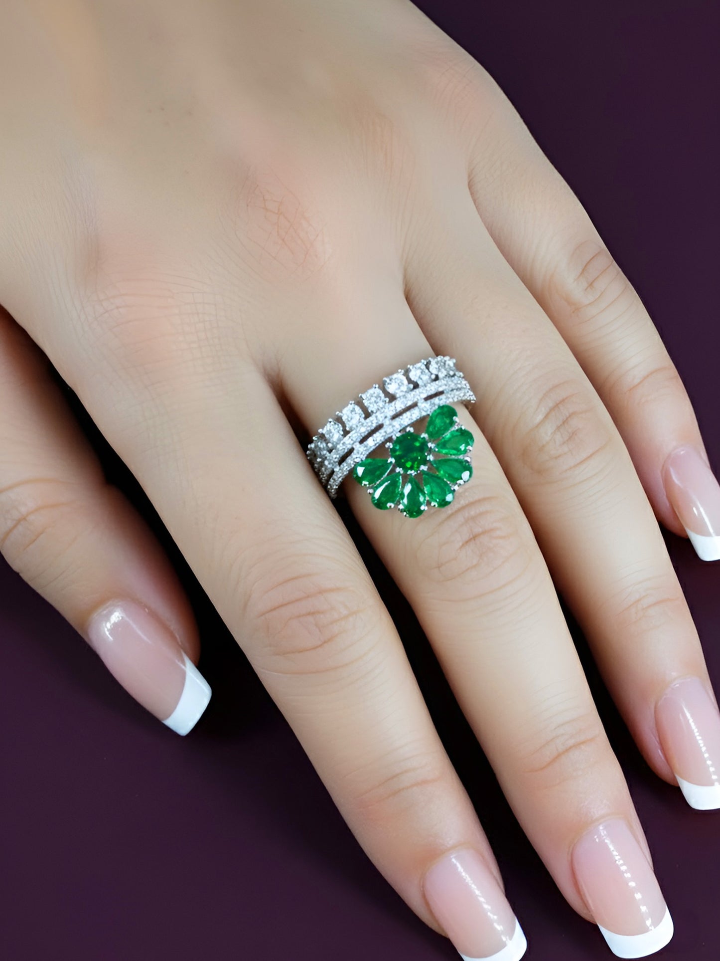 Silver Plated Green AD Floral Ring