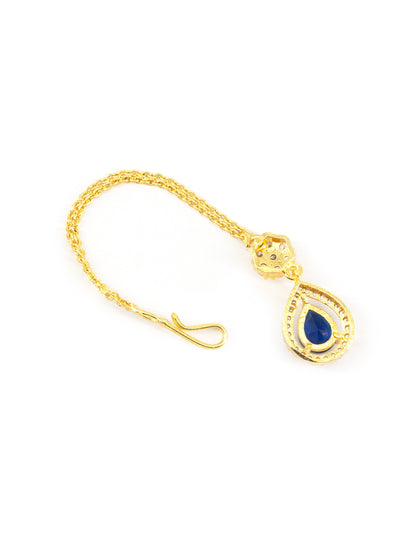 Gold Plated Blue AD Teardrop Maang Tikka for Women