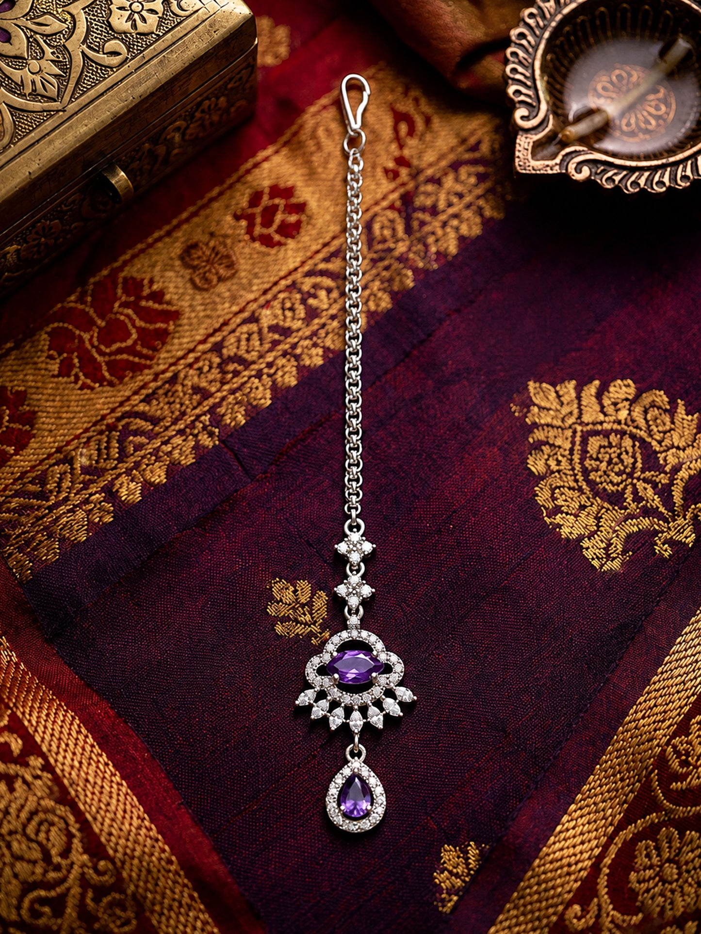 Silver Plated Purple AD Maang Tikka for Women