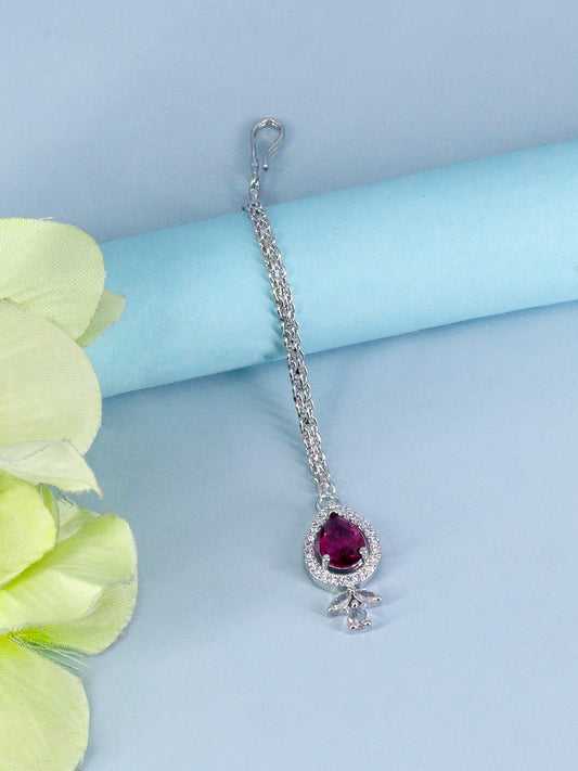 Silver Plated Red American Diamond Maang Tikka for Women