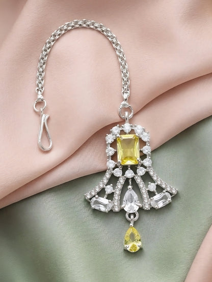 Silver Plated Yellow AD Maang Tikka for Women