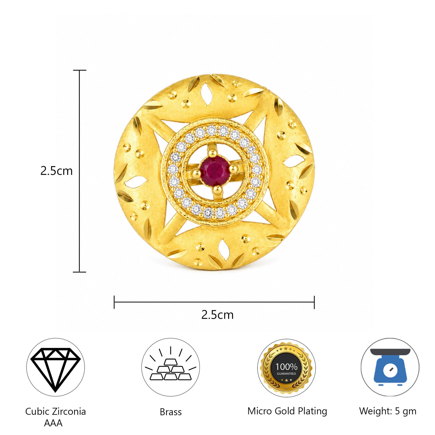 Gold Plated Anti Tarnish Red AD Finger Ring for Women