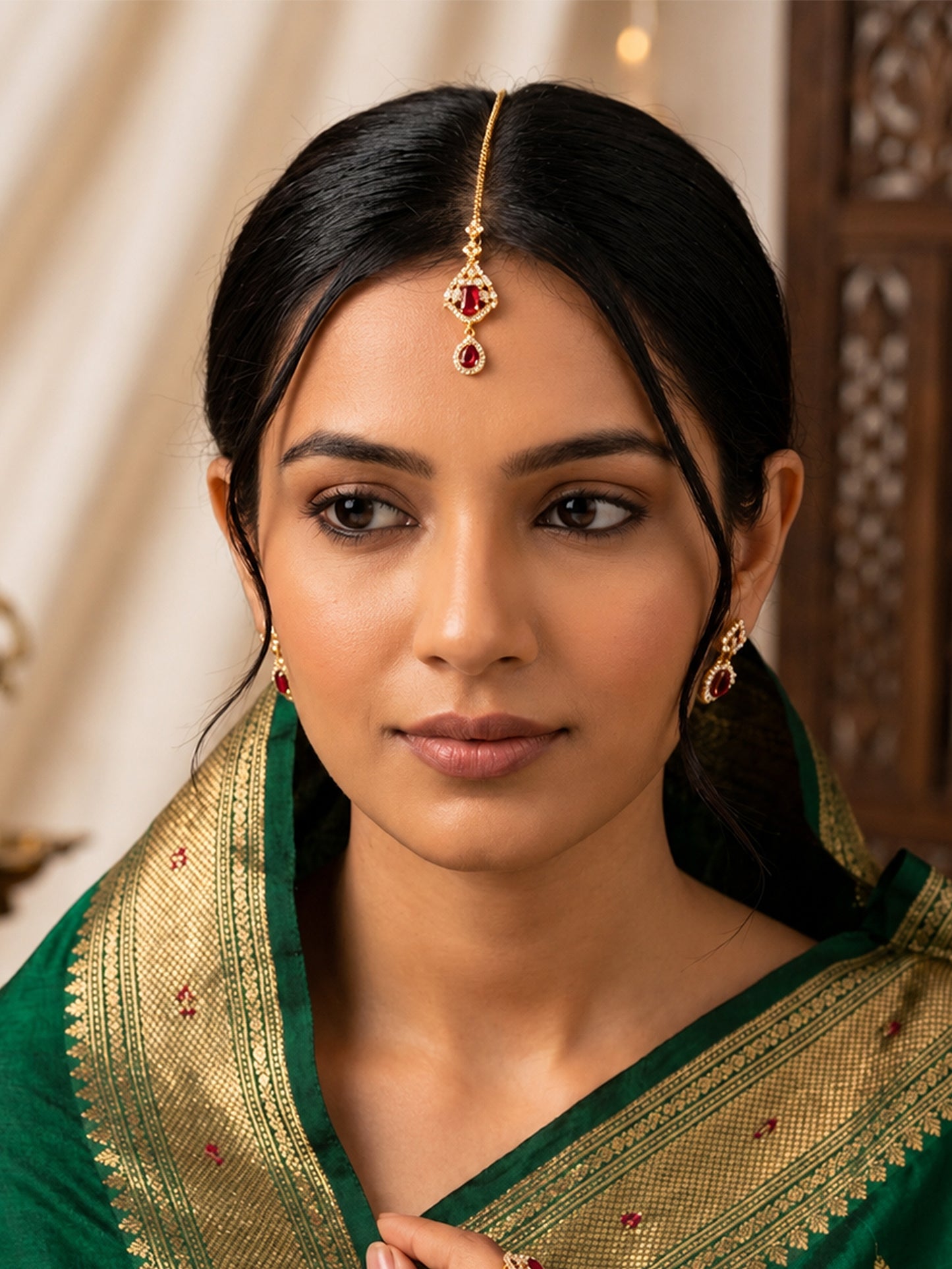 Gold Plated Red AD Maang Tikka for Women