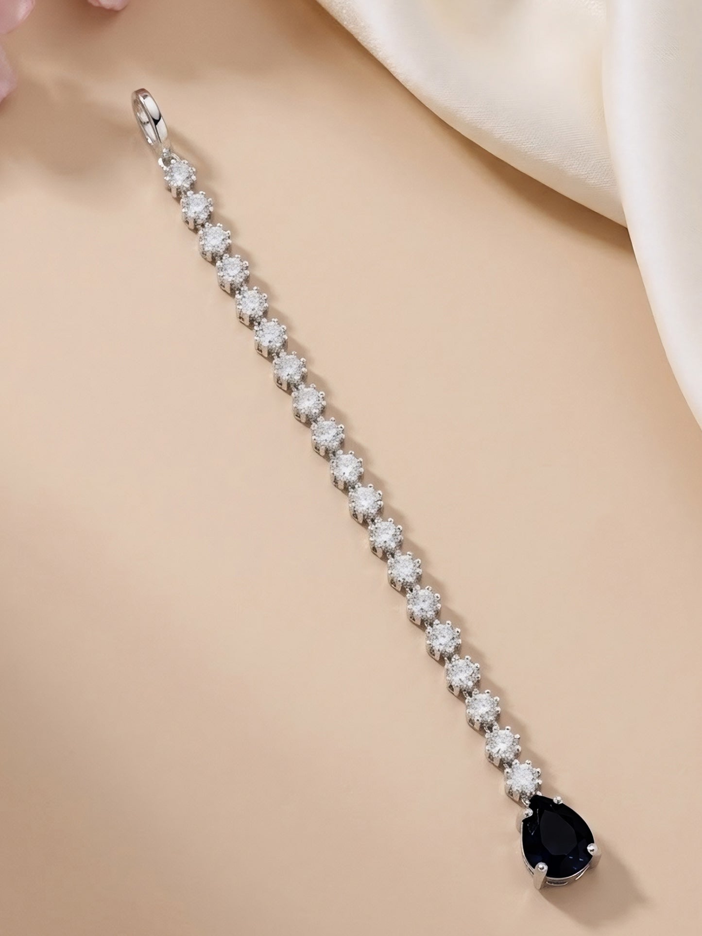 Silver Plated Black AD Teardrop Maang Tikka for Women