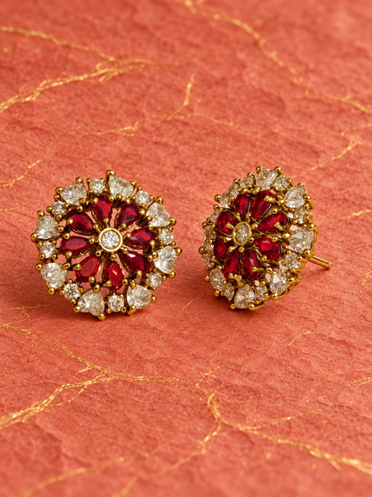 South Indian Gold Plated Red AD Floral Stud Earrings for Women