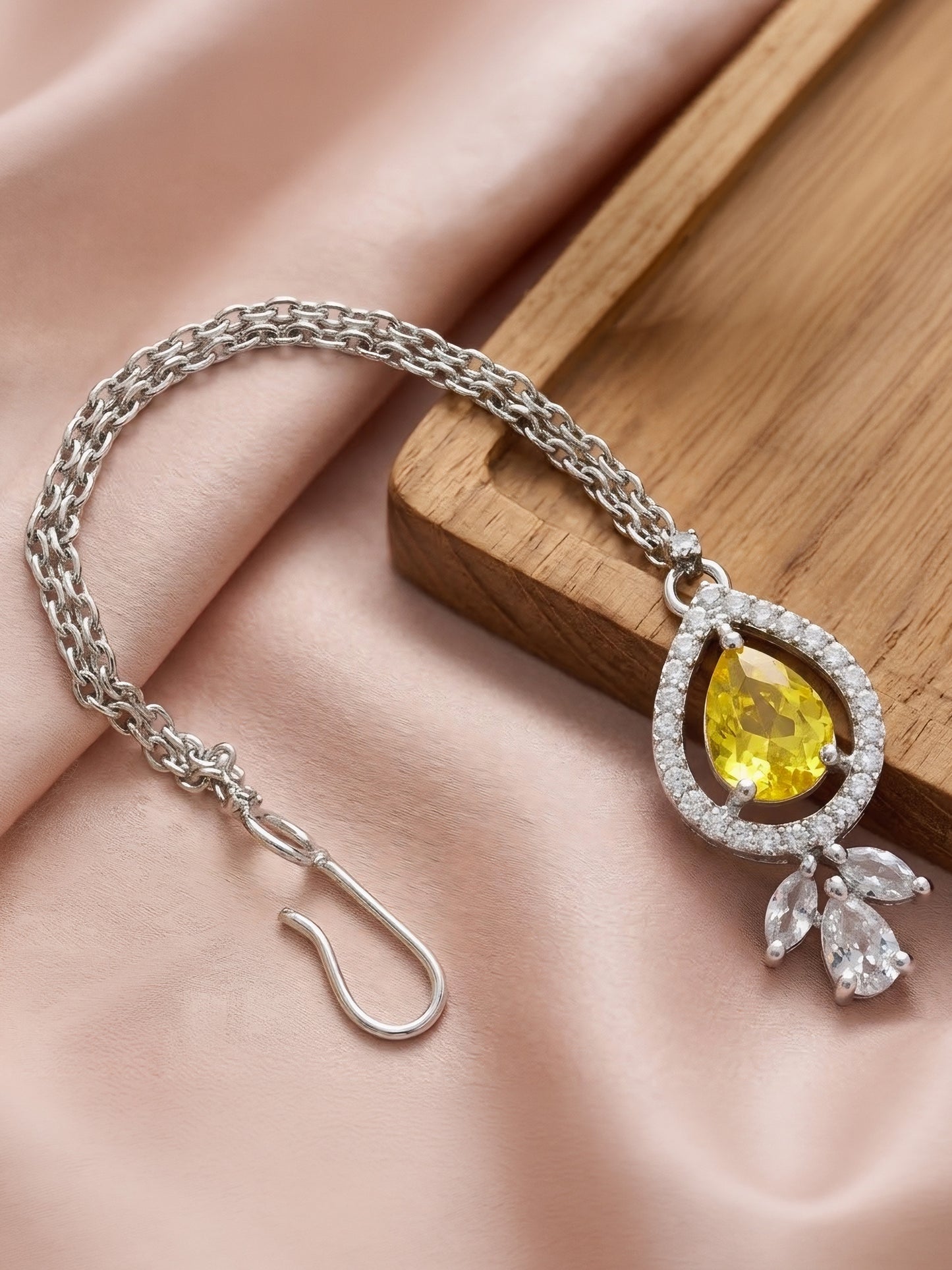 Silver Plated Yellow AD Maang Tikka for Women