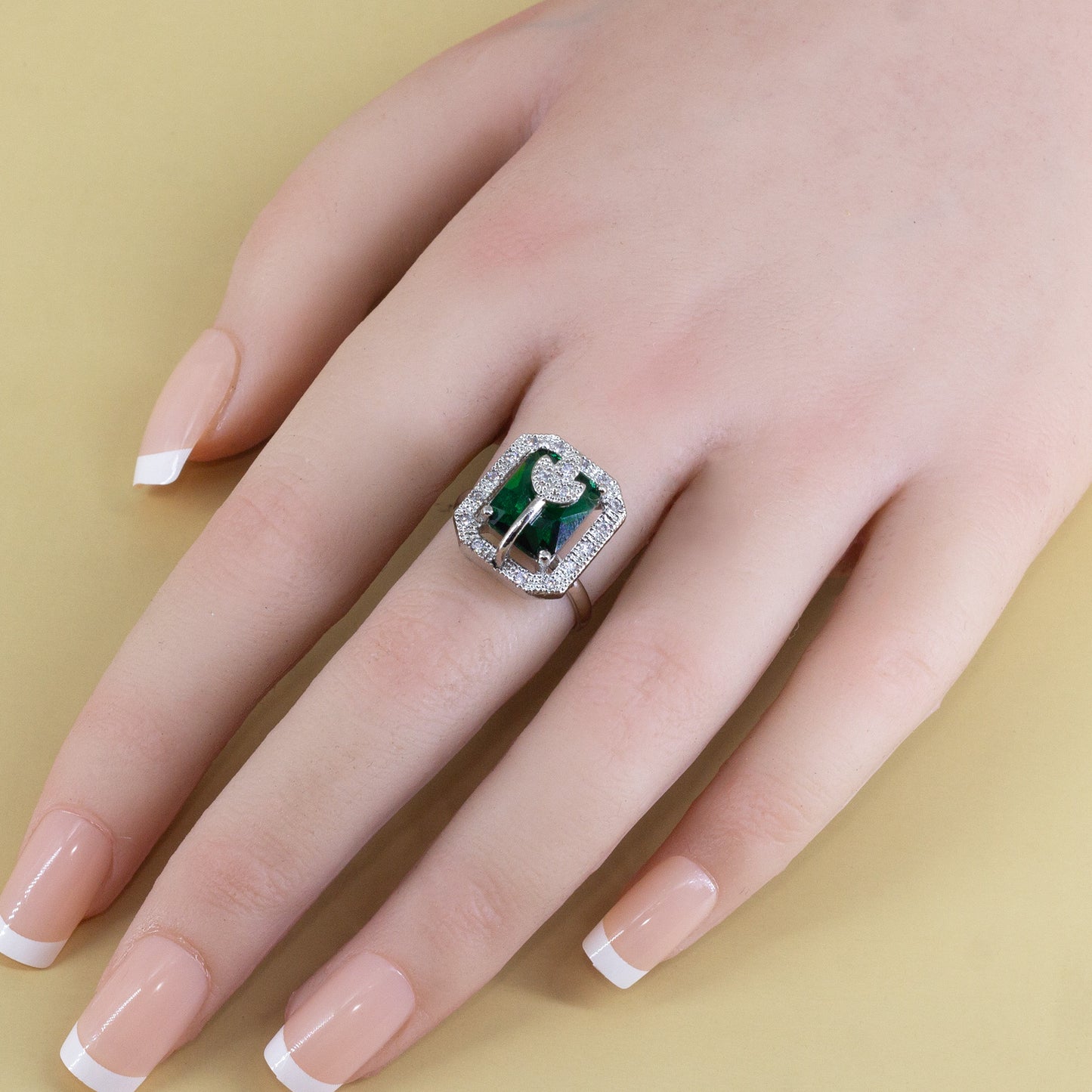 Rhodium Plated Green AD Leaf Adjustable Ring for Women