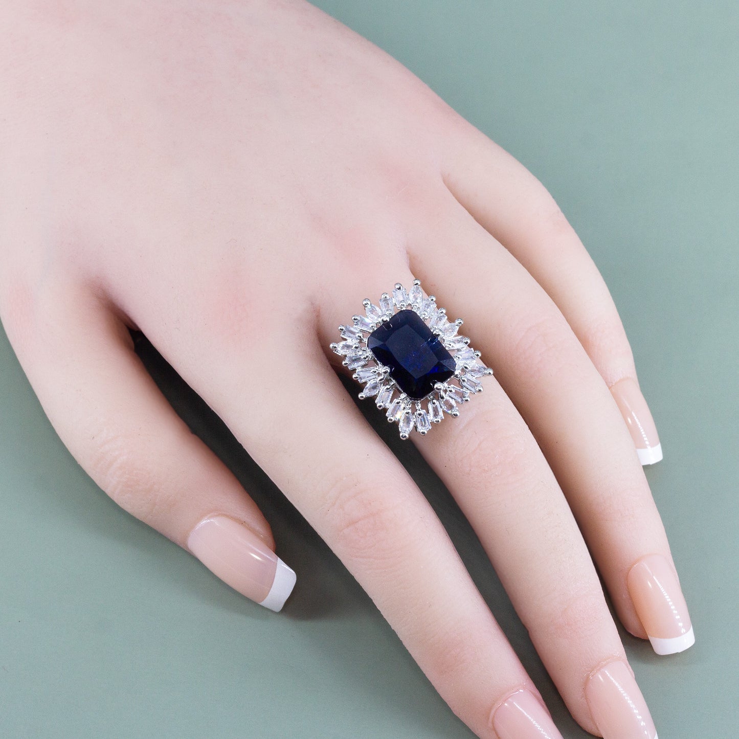 Rhodium Plated Blue AD Adjustable Ring for Women