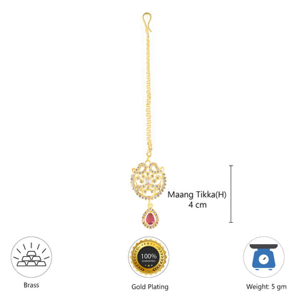Gold Plated Red AD Floral Maang Tikka for Women