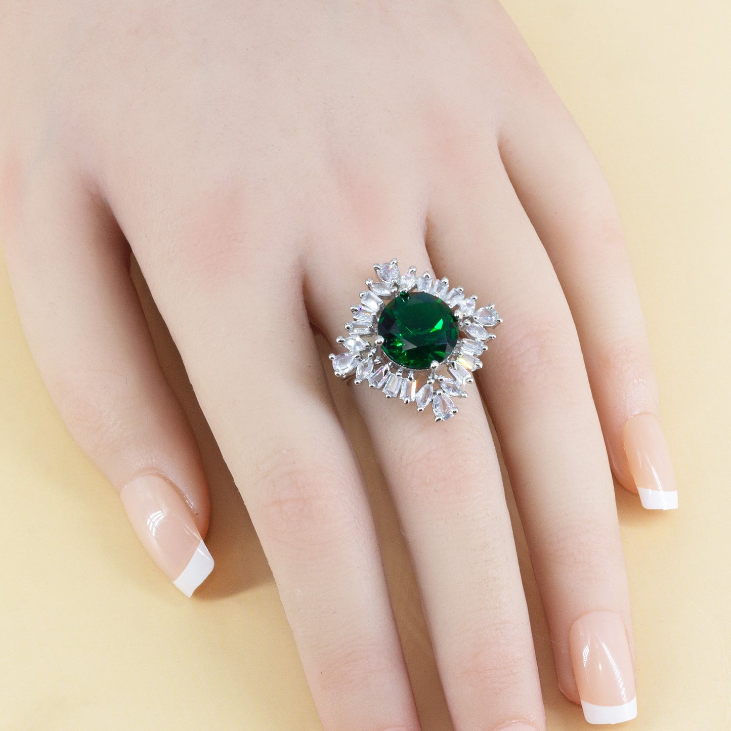 Rhodium Plated Green AD Finger Ring for Women