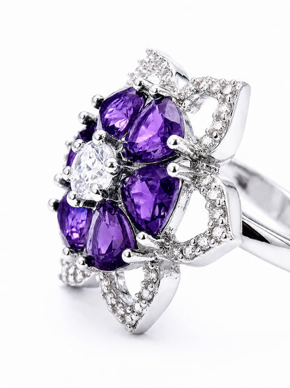 Rhodium Plated Purple AD Floral Finger Ring for Women