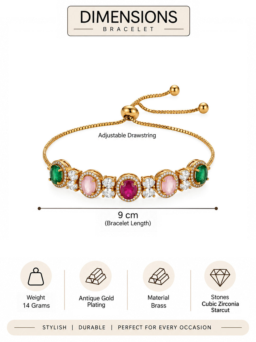 Antique Gold Plated Multi AD Adjustable Bracelet for Women
