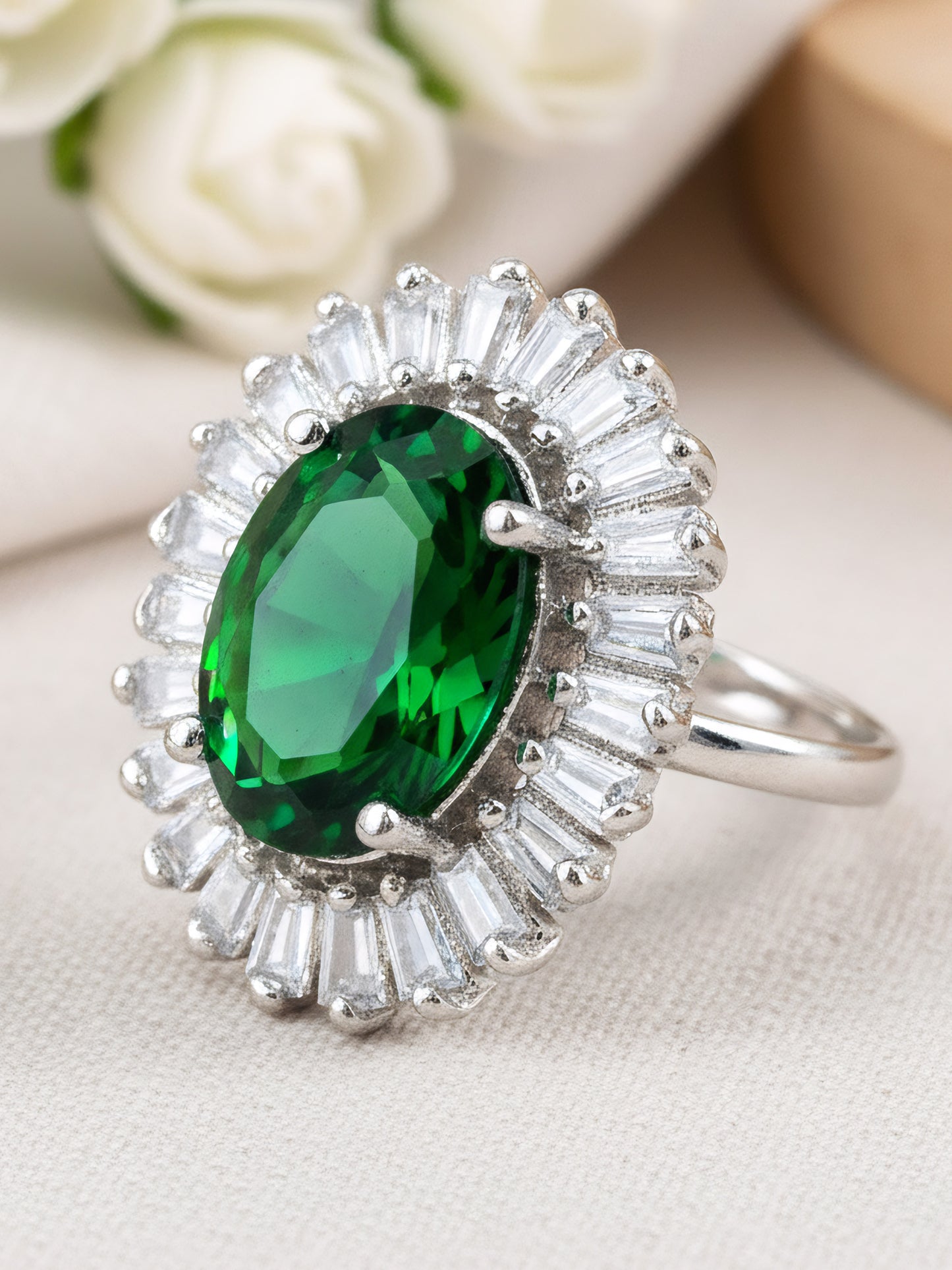 Rhodium Plated Green AD Finger Ring for Women