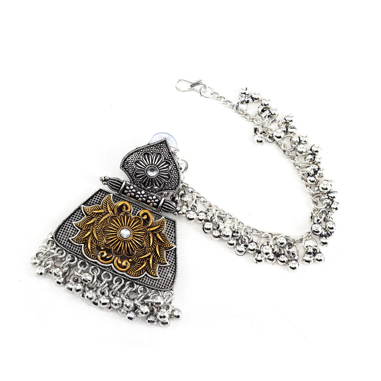 Silver Oxidised Floral Jhumka Earring with Chain for Women