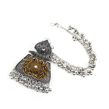 Silver Oxidised Floral Jhumka Earring with Chain for Women