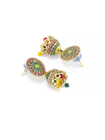 Gold Plated Floral Circular Multi Color Artificial Beaded Jhumki Earrings