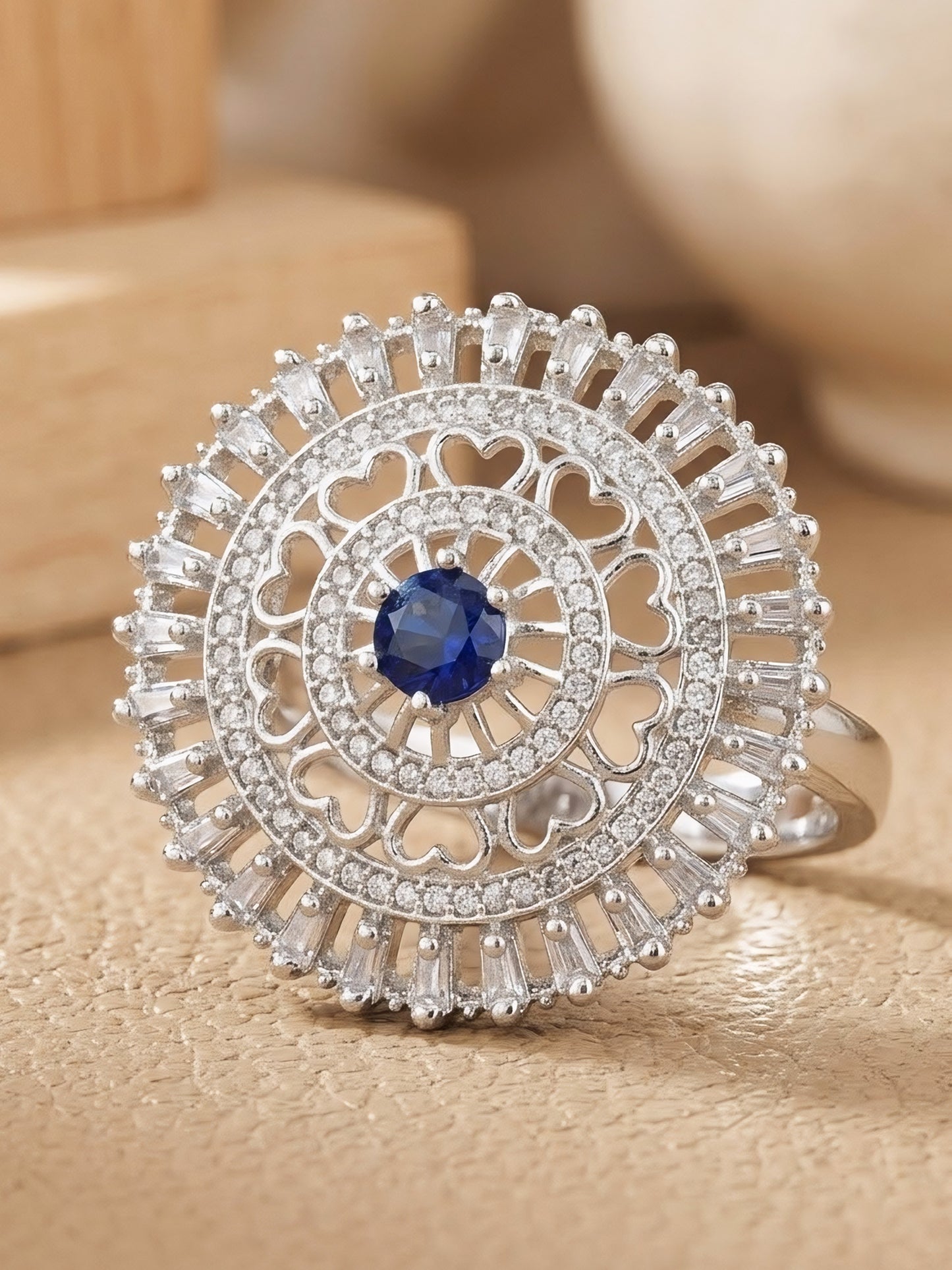 Silver Plated Blue AD Floral Ring for Women