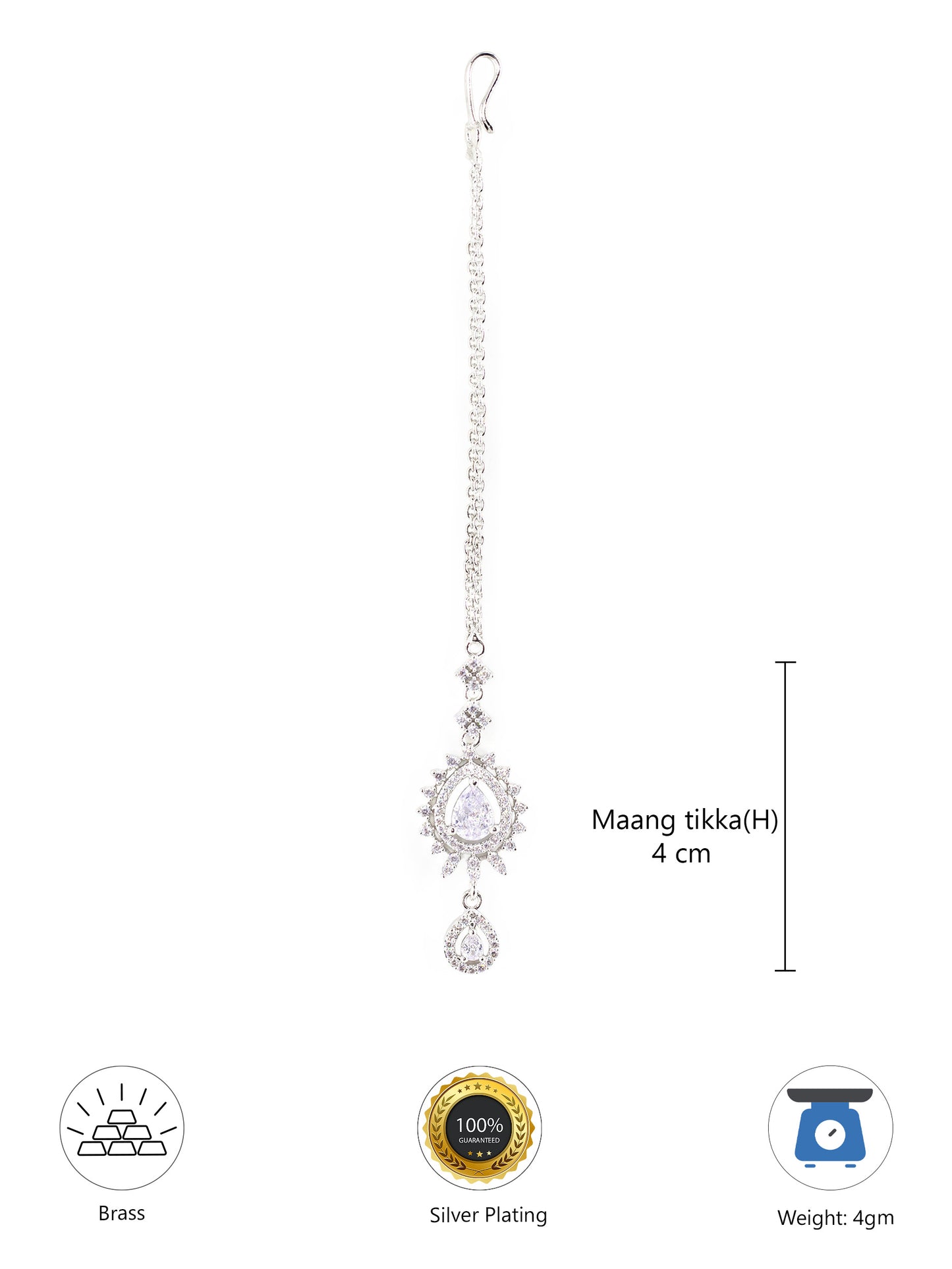 Silver Plated White AD Drop Maang Tikka for Women