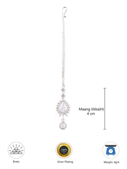 Silver Plated White AD Drop Maang Tikka for Women