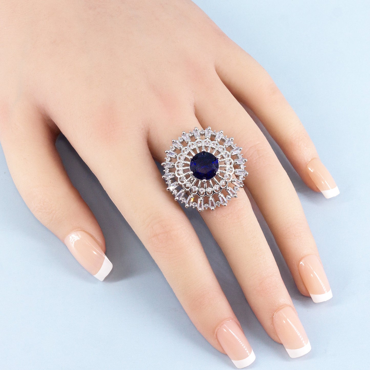 Rhodium Plated Blue AD Designer Adjustable Ring for Women