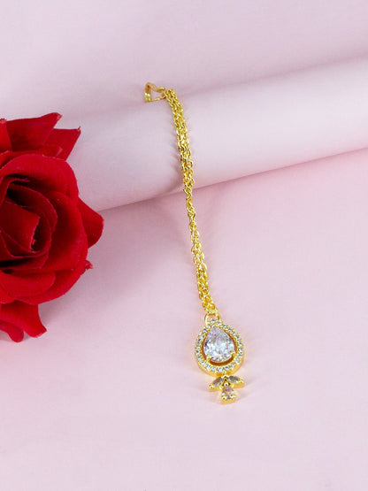 Gold Plated White American Diamond Maang Tikka for Women