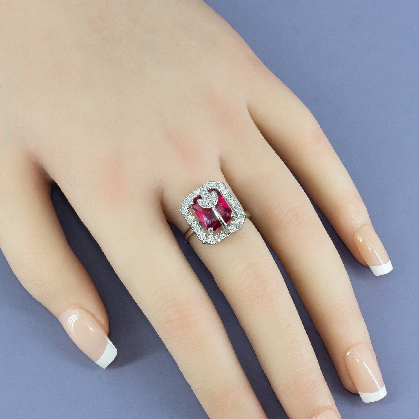 Rhodium Plated Red AD Leaf Adjustable Ring for Women