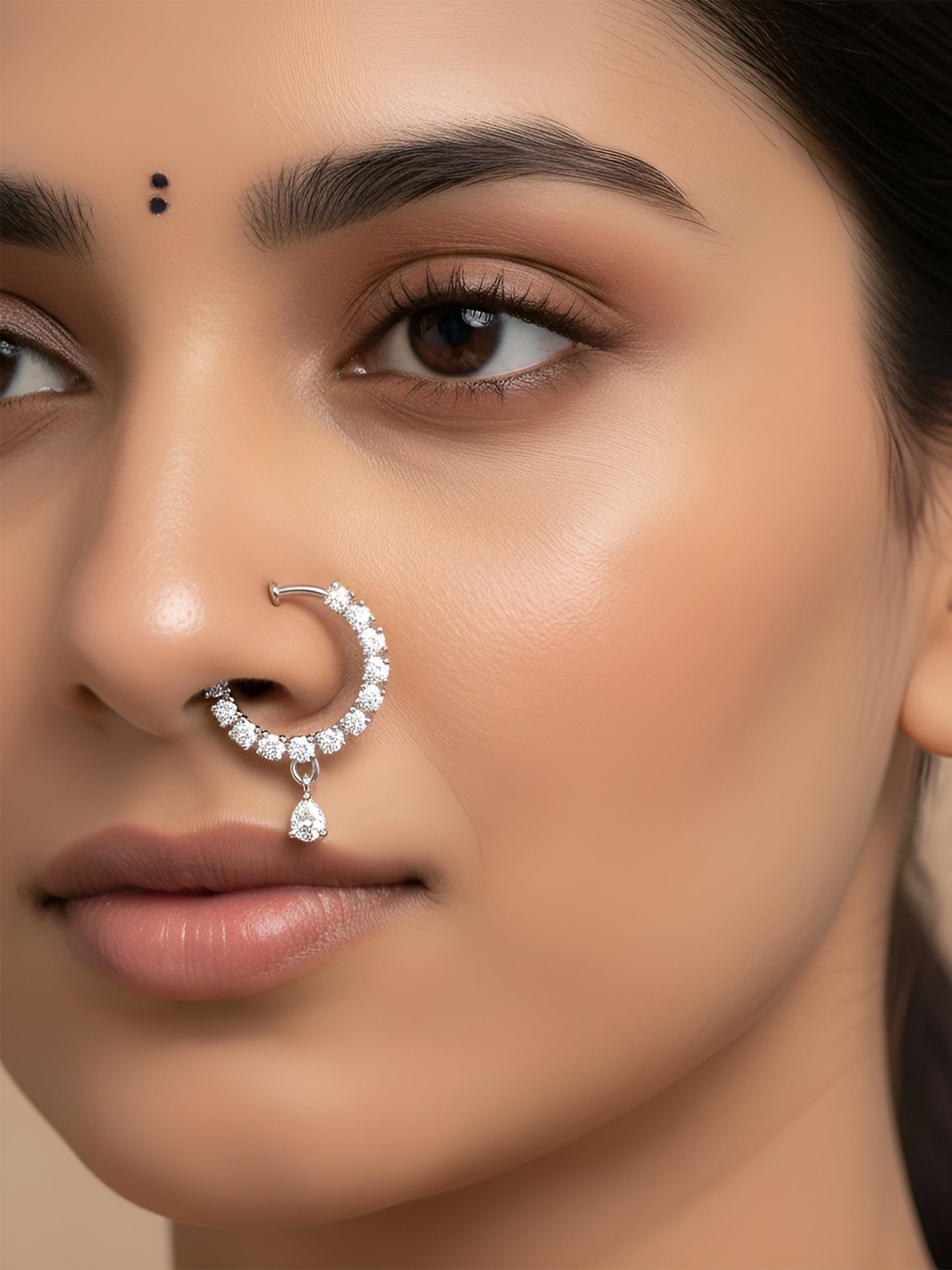 Silver Plated AD Bridal Non-piercing Drop Nose Ring