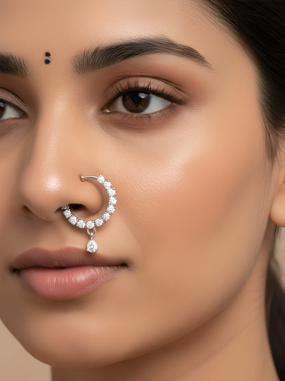Silver Plated AD Bridal Non-piercing Drop Nose Ring