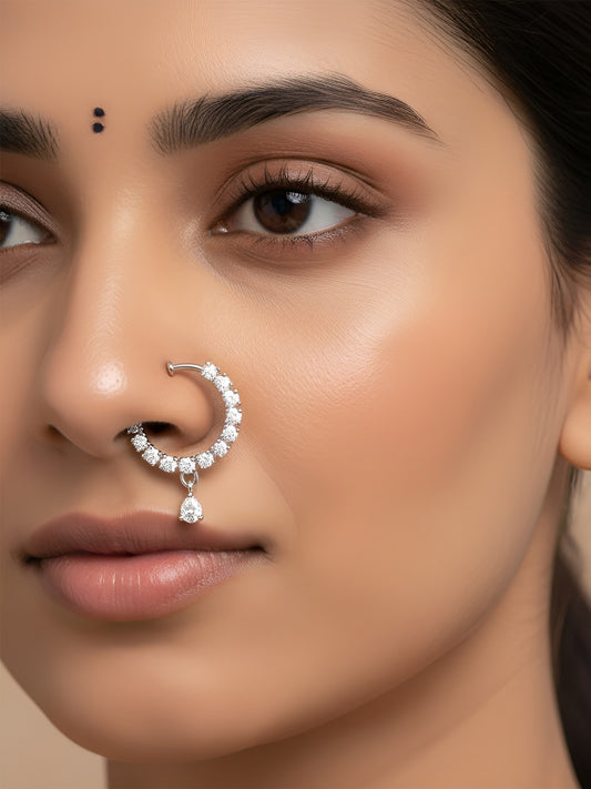 Silver Plated AD Bridal Non-piercing Drop Nose Ring