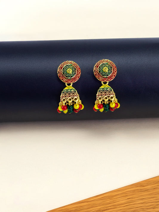 Gold Plated Circular Multi Color Artificial Beaded Jhumki Earrings