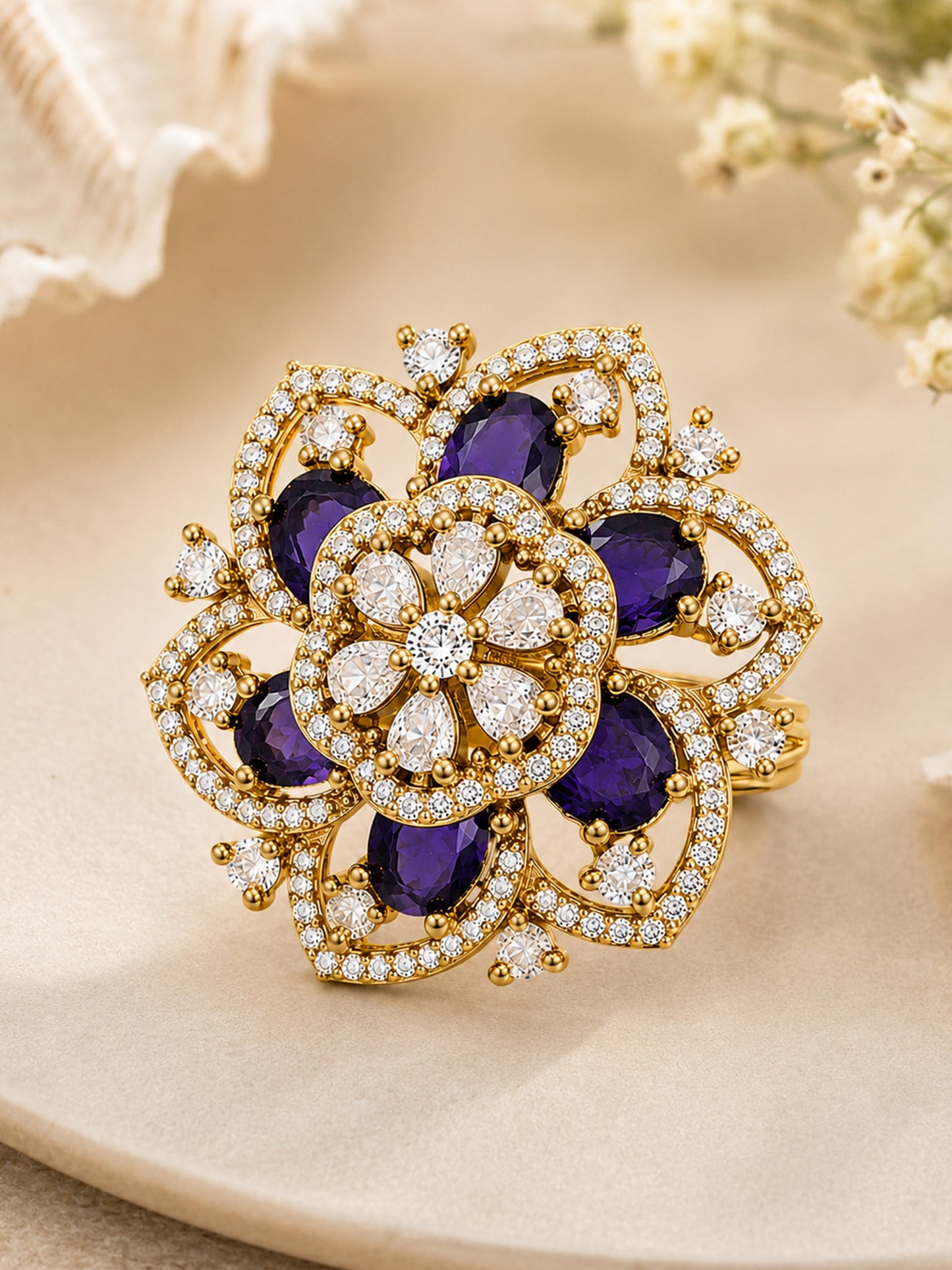 Antique Gold Plated Purple AD Finger Ring for Women