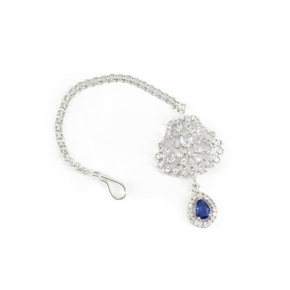 Rhodium Plated Blue AD Maang Tikka for Women