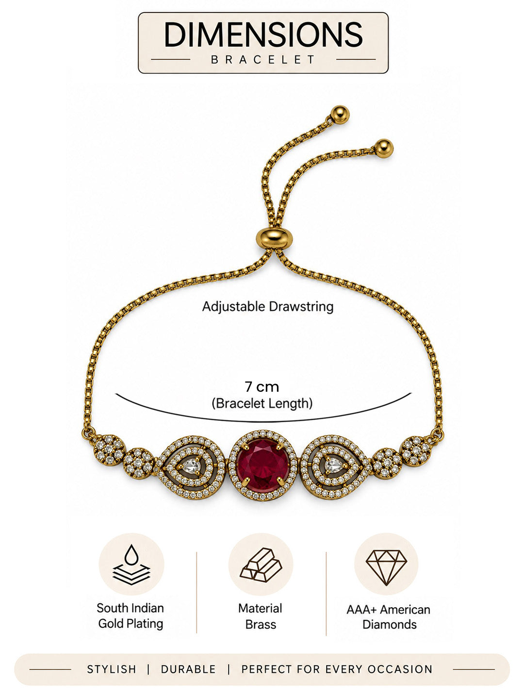 South Indian Gold Plated Red AD Adjustable Bracelet for Women